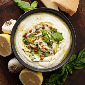 Creamy Basil Dip in bowl overhead made with Wind & Willow Mix